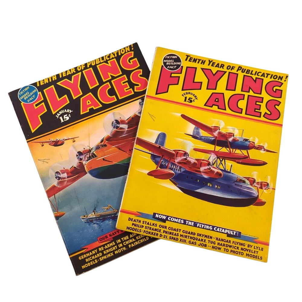 Flying Aces Magazine Lot: Jan & Feb 1938 Pulp Aviation Stories Schomburg Art